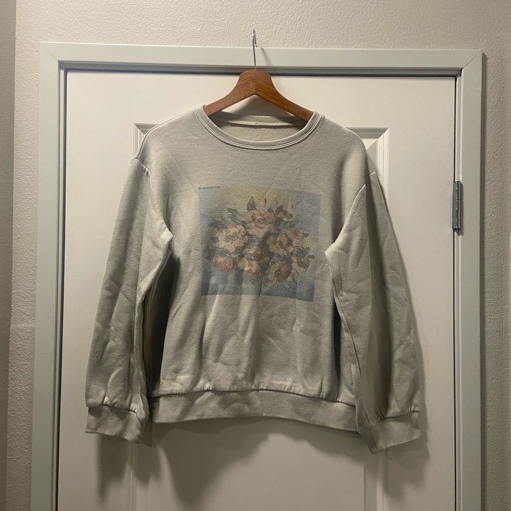 women’s gray and multi-coloured flower graphic “romanticism” crewneck sweatshirt